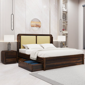 Lotus Sheesham Wood King Size Bed In Provincial Teak Finish With Drawer Storage (72 x 78 inches)