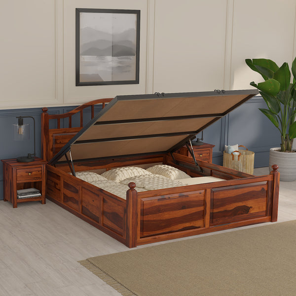 Syan Sheesham Wood Queen Size Bed In Honey Oak Finish With Hydraulic Storage (60 x 78 inches)
