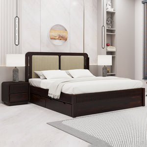 Lotus Sheesham Wood Queen Size Bed In Walnut FinishWith Drawer Storage (60 x 78 inches)