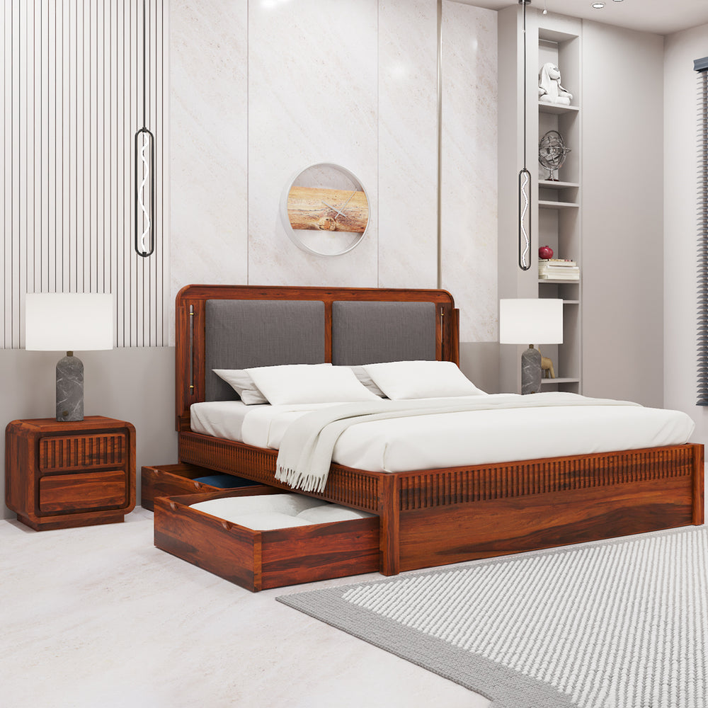 Lotus Sheesham Wood King Size Bed In Honey Oak Finish With Box Storage (72 x 78 inches)