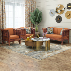 Haveli 2+1+1 Seater Wooden Sofa (Orange Colour, Teak Finish)