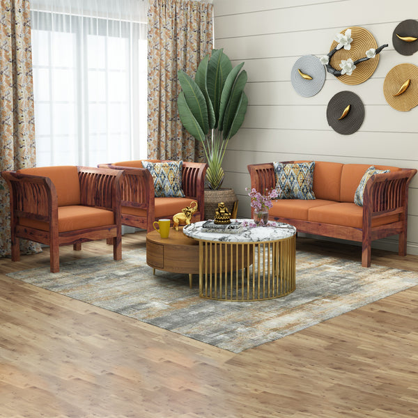 Haveli 2+1+1 Seater Wooden Sofa (Orange Colour, Teak Finish)
