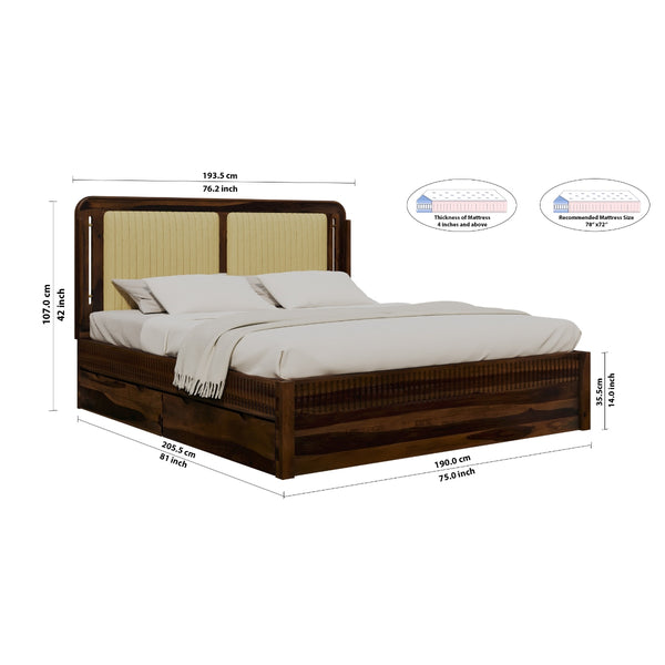 Lotus Sheesham Wood King Size Bed In Honey Oak Finish With Box Storage (72 x 78 inches)
