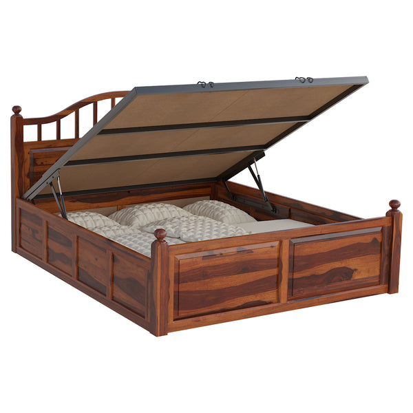 Syan Sheesham Wood Queen Size Bed In Honey Oak Finish With Hydraulic Storage (60 x 78 inches)