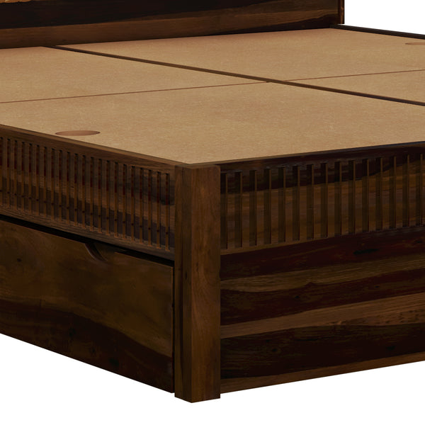 Lotus Sheesham Wood Queen Size Bed In Provincial Teak Finish With Drawer Storage (60 x 78 inches)