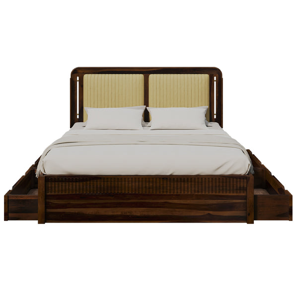 Lotus Sheesham Wood Queen Size Bed In Provincial Teak Finish With Drawer Storage (60 x 78 inches)
