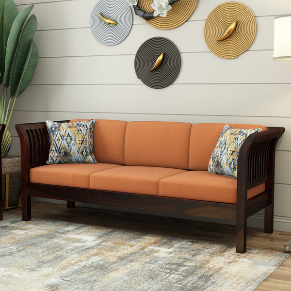 Haveli 3+1+1 Seater Wooden Sofa (Orange Colour, Walnut Finish)