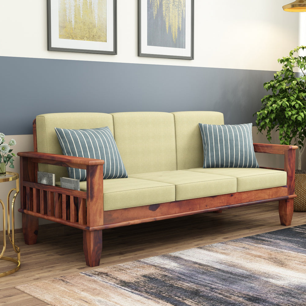 "Madhavi 3+2+1 Seater Wooden Sofa (Creame Colour, Teak Finish) "