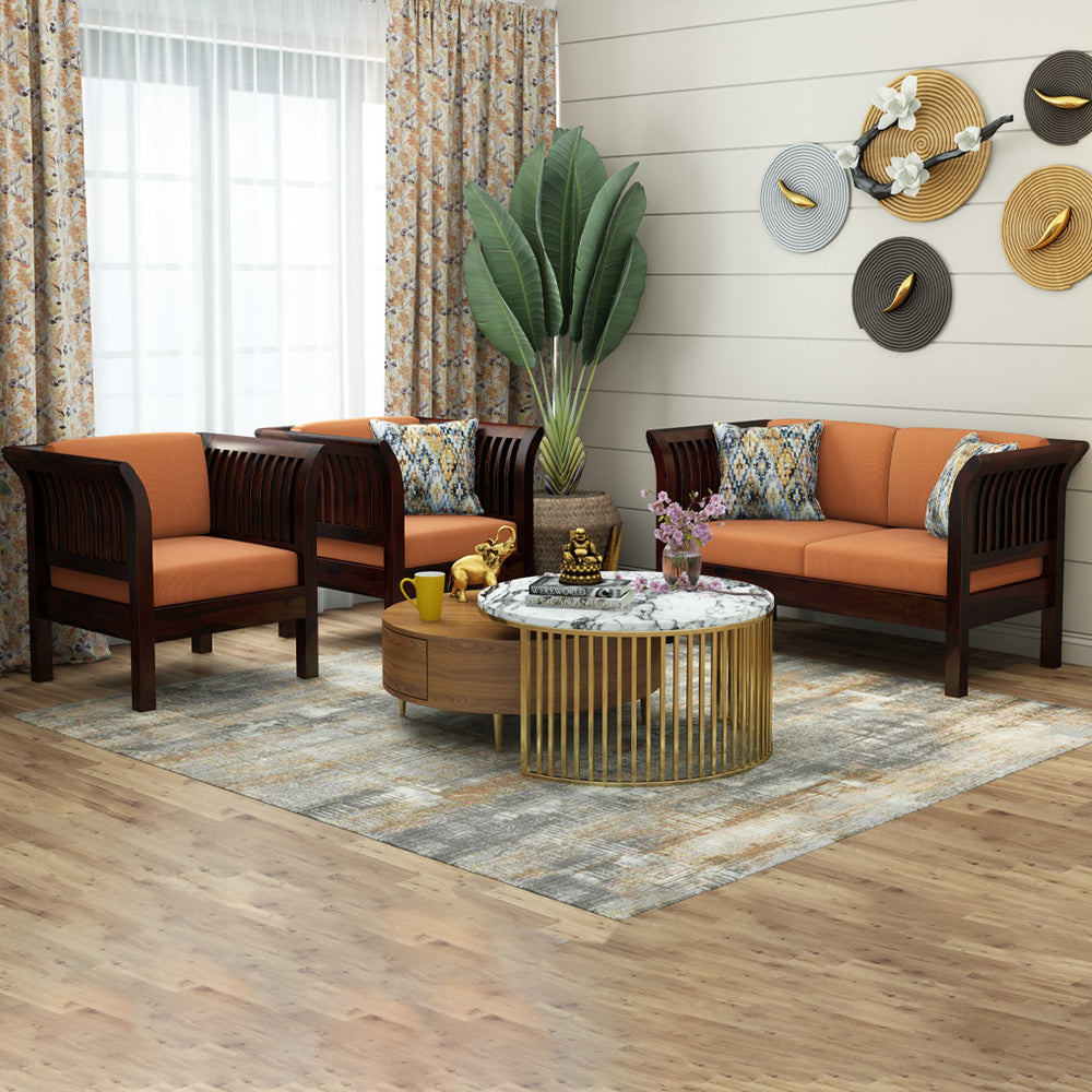 Haveli 2+1+1 Seater Wooden Sofa (Orange Colour, Walnut Finish)