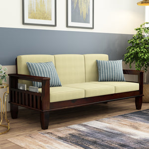 Madhavi 3 Seater Wooden Sofa (Creame Colour, Walnut Finish)
