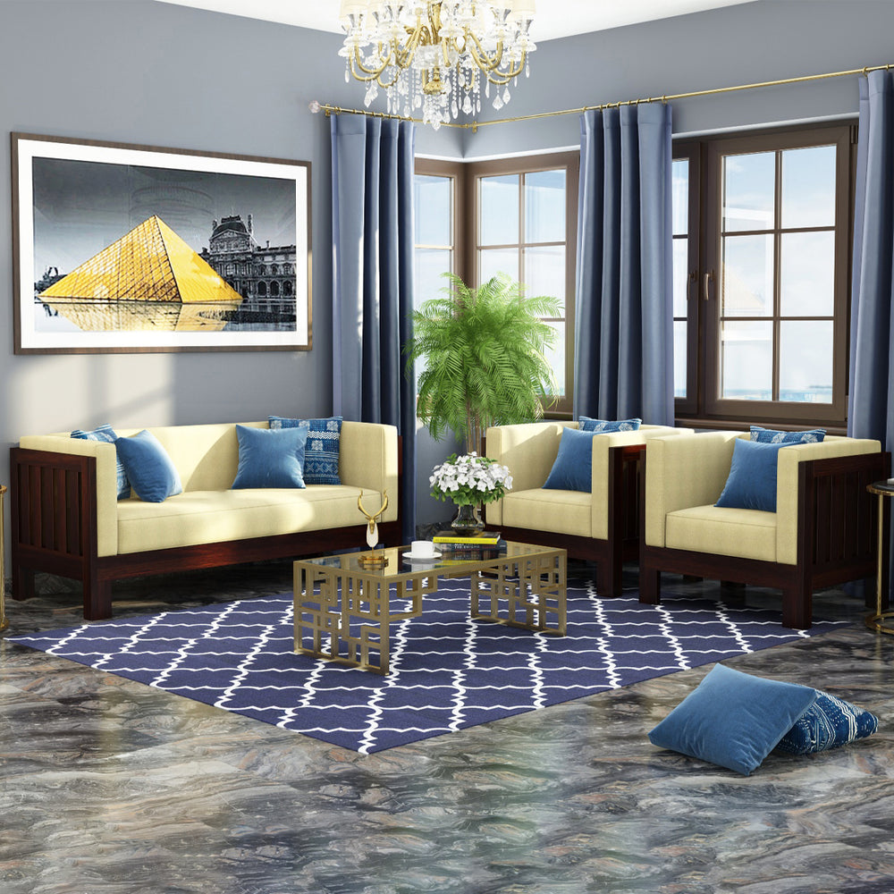 Prashiv 2+1+1 Seater Wooden Sofa (Creame Colour, Walnut Finish)