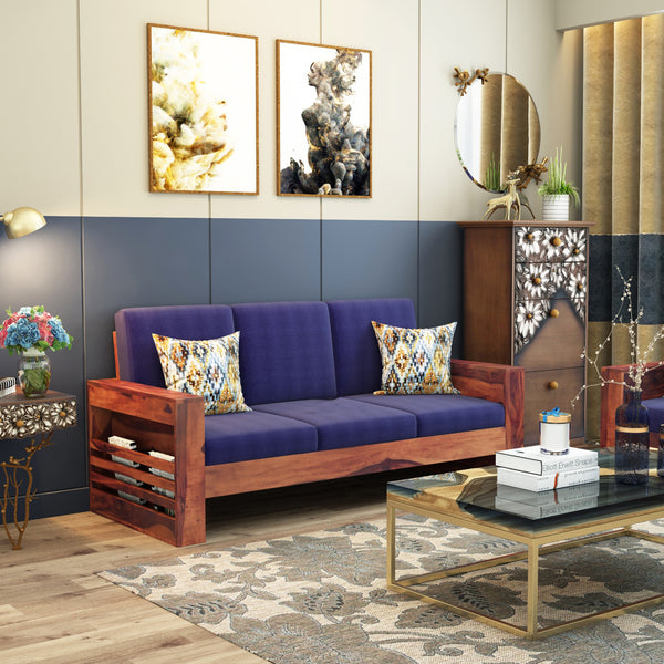Maruti 3 Seater Wooden Sofa (BLUE Colour, Honey Finish)