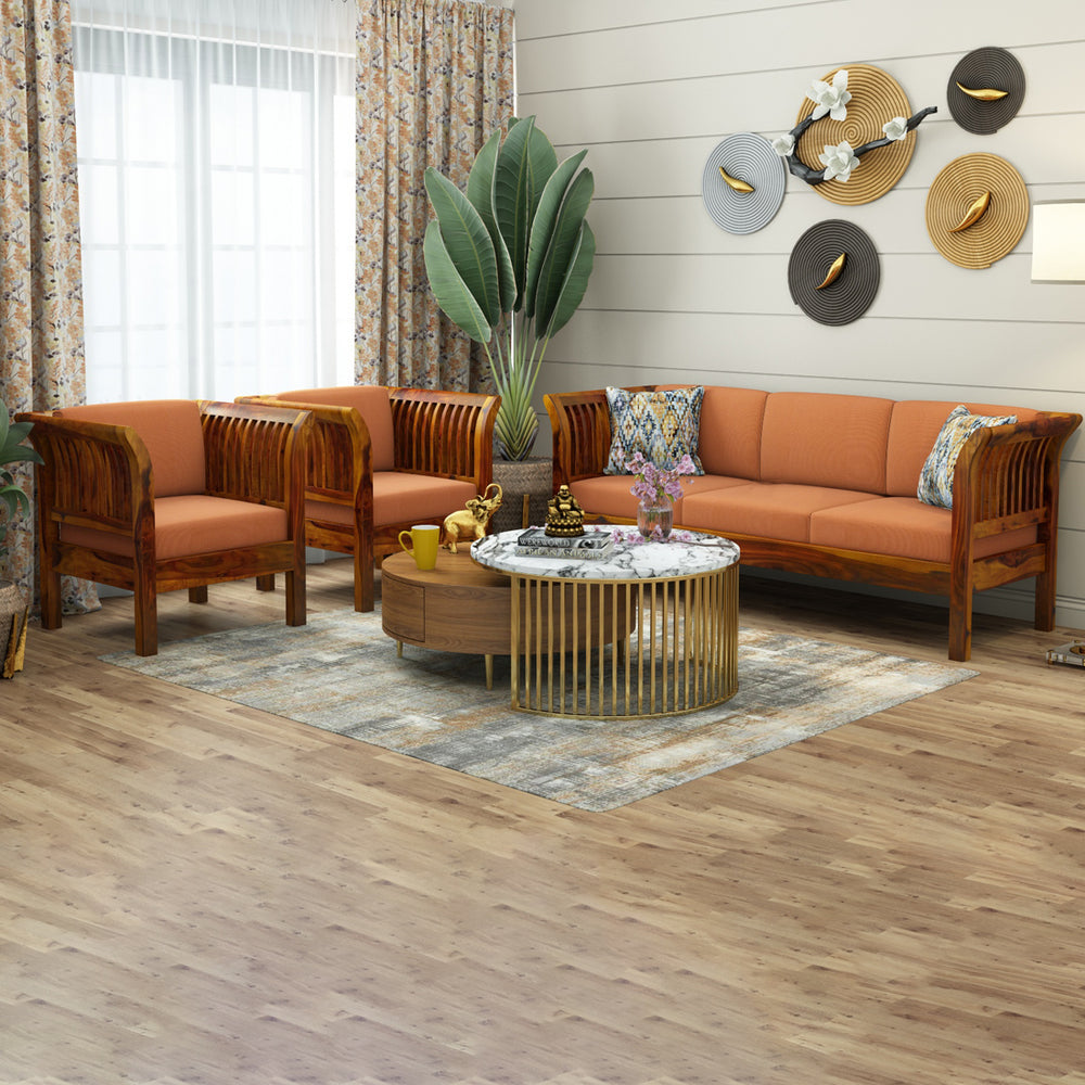 Haveli 3+1+1 Seater Wooden Sofa (Orange Colour, Teak Finish)