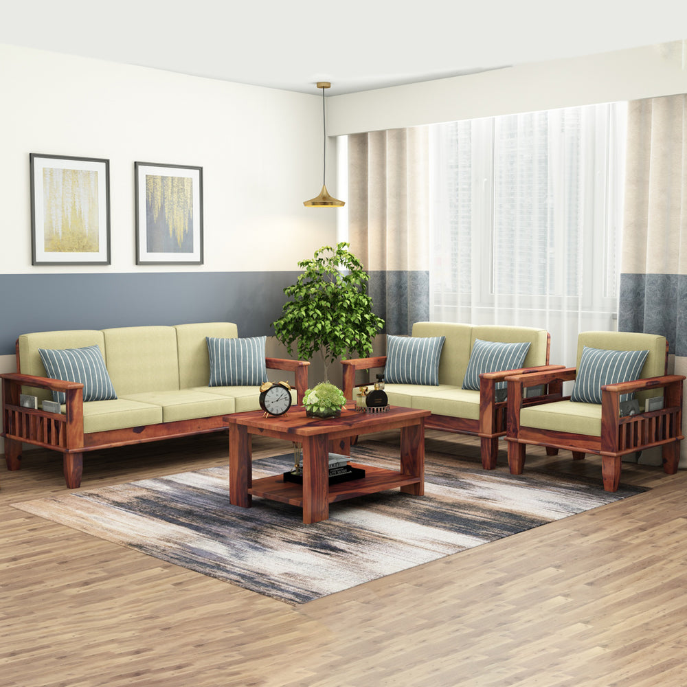 "Madhavi 3+2+1 Seater Wooden Sofa (Creame Colour, Teak Finish) "
