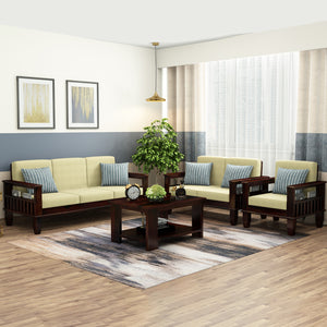Madhavi 3+2+1 Seater Wooden Sofa (Creame Colour, Walnut Finish)