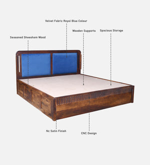 Lotus Sheesham Wood Queen Size Bed In Provincial Teak Finish With Box Storage (60 x 78 inches)