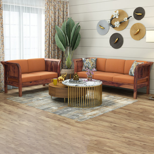 Haveli 3+2 Seater Wooden Sofa (Orange Colour, Teak Finish)