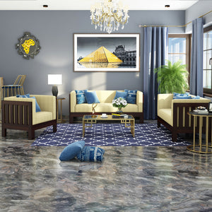 Prashiv 3+1+1 Seater Wooden Sofa (Creame Colour, Walnut Finish)