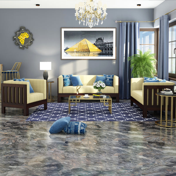 Prashiv 3+1+1 Seater Wooden Sofa (Creame Colour, Walnut Finish)