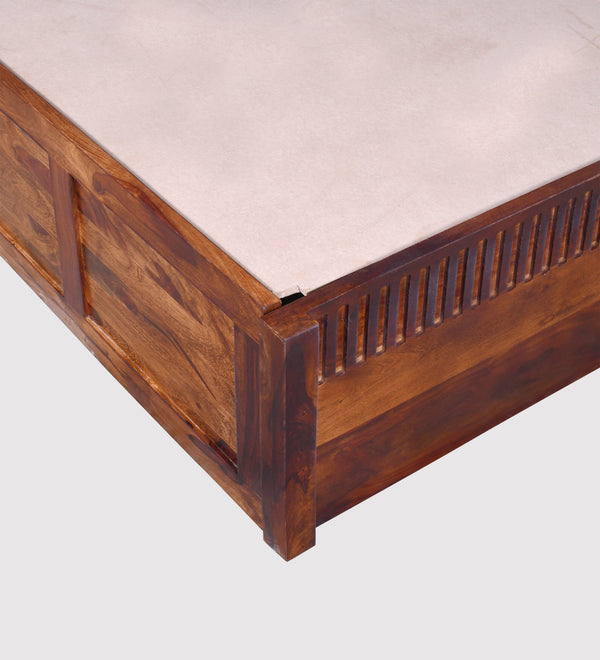 Lotus Sheesham Wood Queen Size Bed In Provincial Teak Finish With Box Storage (60 x 78 inches)