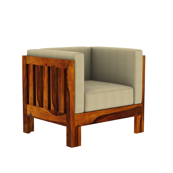 Prashiv 1 Seater Wooden Sofa (Creame Colour, Honey Finish)