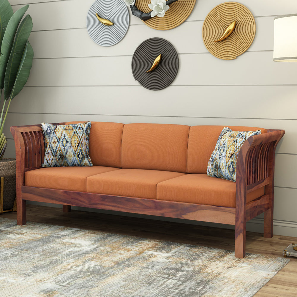 Haveli 3 Seater Wooden Sofa (Orange Colour, Teak Finish)