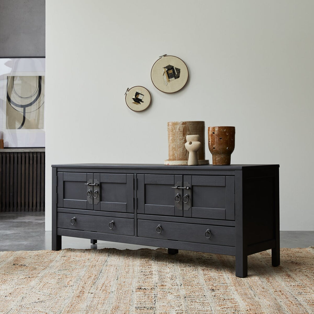 Oroville Solid Mango Wood TV Unit 2 Drawer 4 Door In Black Finish