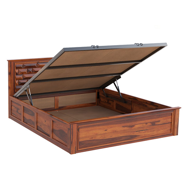 Yashika Sheesham Wood Queen Size Bed In Honey Oak Finish With Hydraulic Storage (60 x 78 inches)
