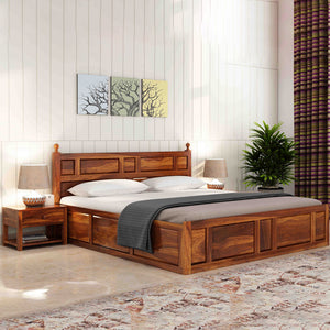 Krispy Sheesham Wood Queen Size Bed In Teak Finish With Box Storage (60 x 78 inches)