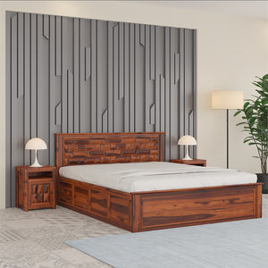 Yashika Sheesham Wood Queen Size Bed In Honey Oak Finish With Hydraulic Storage (60 x 78 inches)