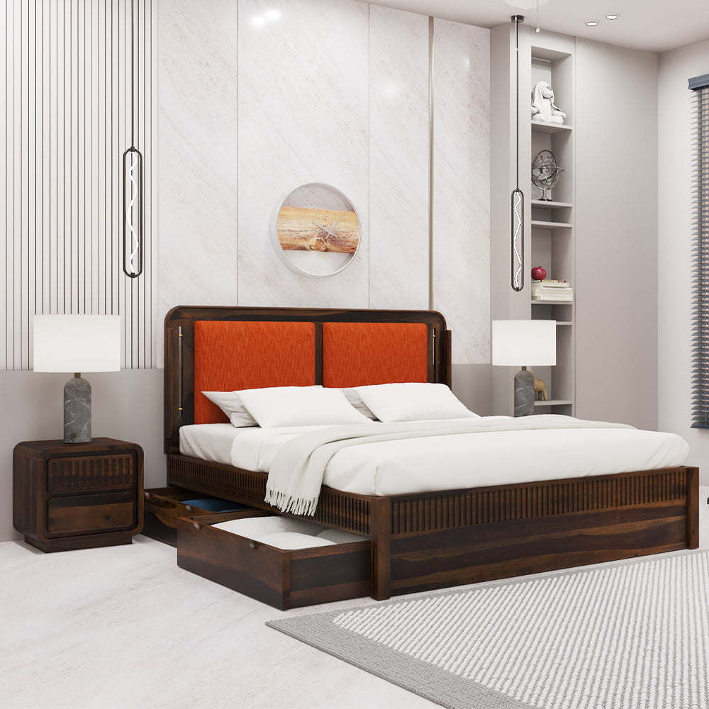 Lotus Sheesham Wood King Size Bed In Provincial Teak Finish With Drawer Storage (72 x 78 inches)