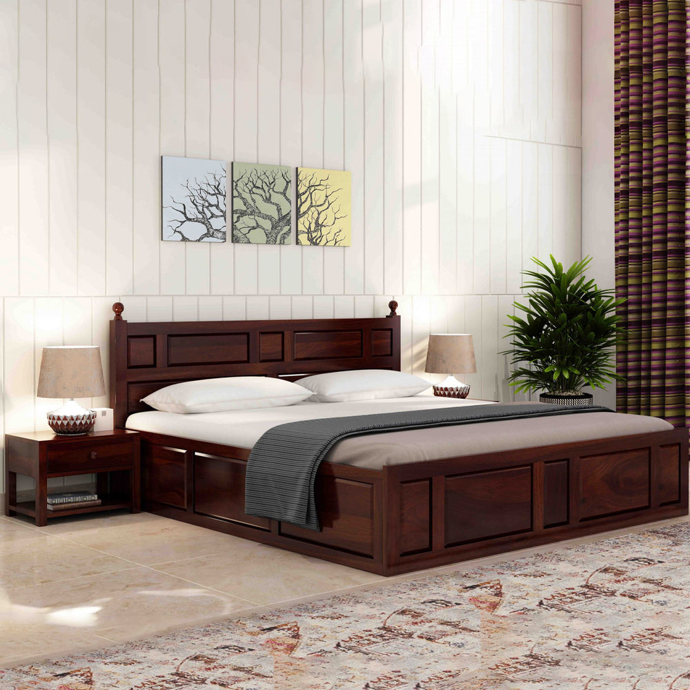 Krispy Sheesham Wood Queen Size Bed In Walnut Finish With Box Storage (60 x 78 inches)