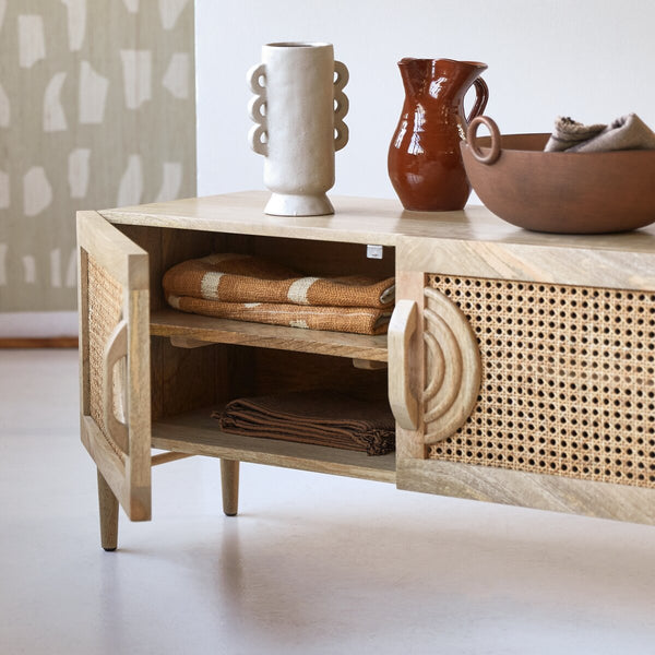 Ziggy Solid Mango Wood TV Unit 2 Cane Door In Natural Finish