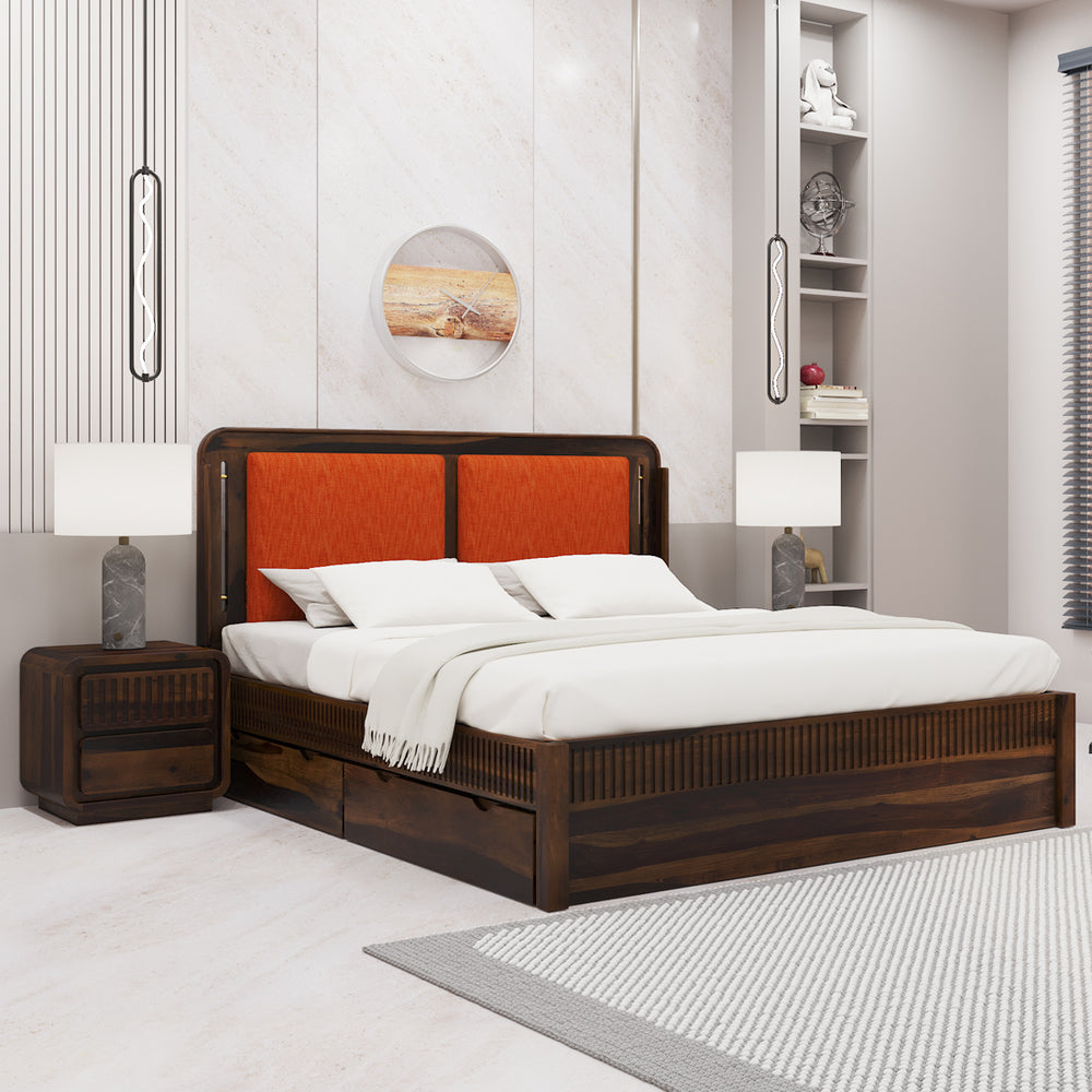 Lotus Sheesham Wood King Size Bed In Provincial Teak Finish With Drawer Storage (72 x 78 inches)
