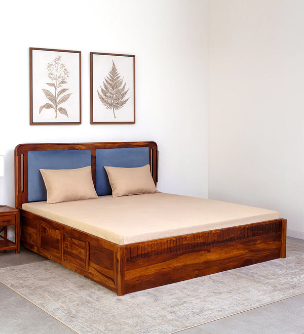 Lotus Sheesham Wood Queen Size Bed In Honey Oak FinishWith Box Storage (60 x 78 inches)