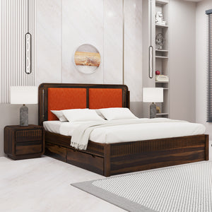 Lotus Sheesham Wood Queen Size Bed In Provincial Teak Finish With Drawer Storage (60 x 78 inches)