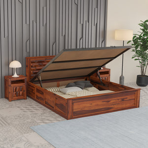Yashika Sheesham Wood Queen Size Bed In Honey Oak Finish With Hydraulic Storage (60 x 78 inches)