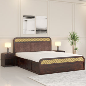 Floral Solid Wood King Size Hydrulic Storage Bed In Walnut Finish (Brown) (72 - 78 inch)