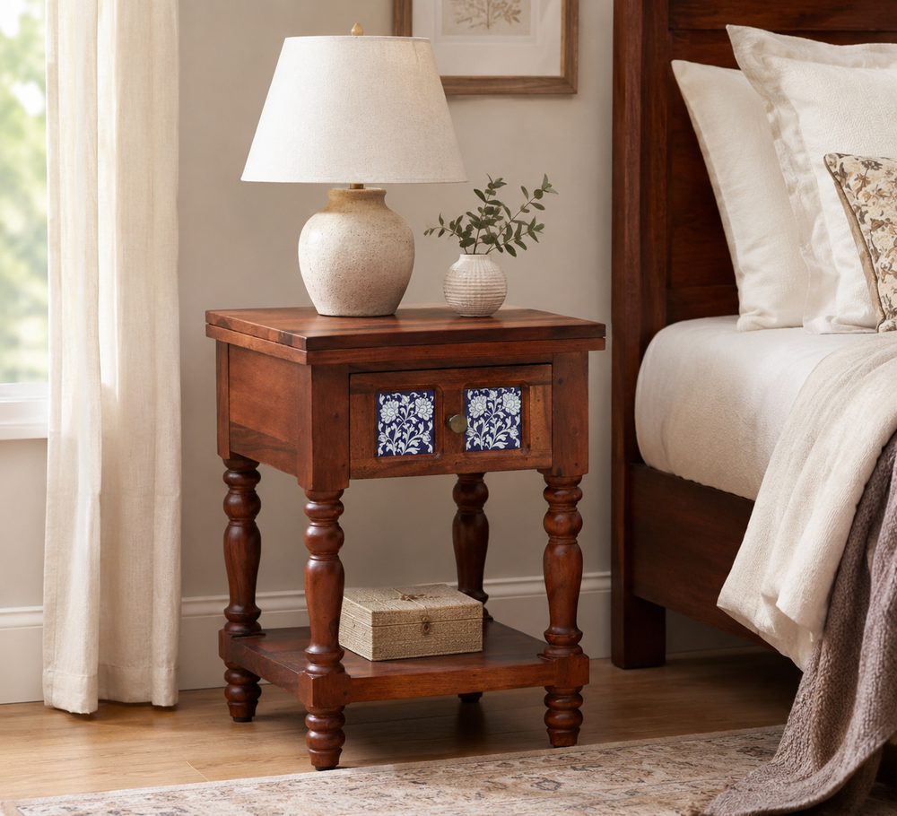 Nilaya Sheesham Wood Bedside Table In Honey Oak Finish With Drawer