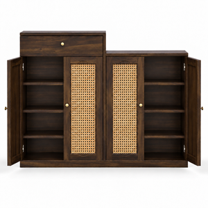 Danta Sheesham Wood 4 Door Cabinet In Walnut Finish  with Rattan Door