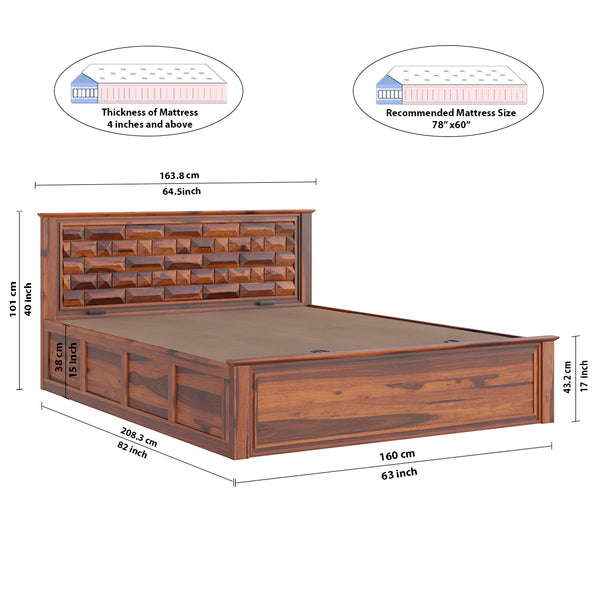 Yashika Sheesham Wood Queen Size Bed In Honey Oak Finish With Hydraulic Storage (60 x 78 inches)
