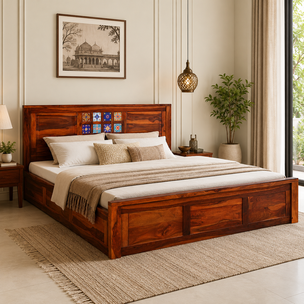 Rangrez Sheesham Wood Queen Size Bed In Honey Oak Finish With Box Storage (60 - 78 inch Mattress Size)