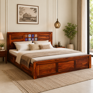 Rangrez Sheesham Wood Queen Size Bed In Honey Oak Finish With Box Storage (60 - 78 inch Mattress Size)