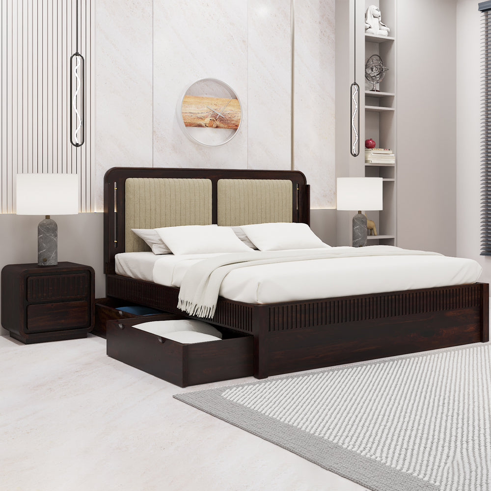 Lotus Sheesham Wood King Size Bed In Walnut FinishWith Drawer Storage (72 x 78 inches)