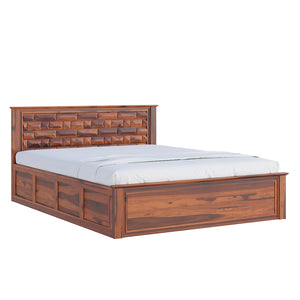 Yashika Sheesham Wood Queen Size Bed In Honey Oak Finish With Hydraulic Storage (60 x 78 inches)