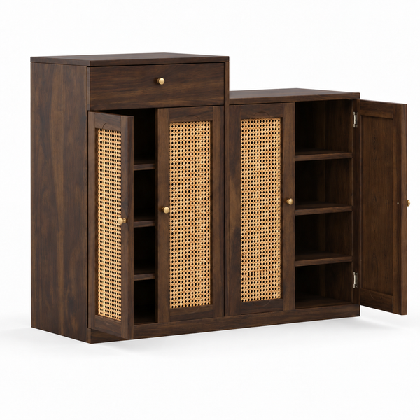 Danta Sheesham Wood 4 Door Cabinet In Walnut Finish  with Rattan Door