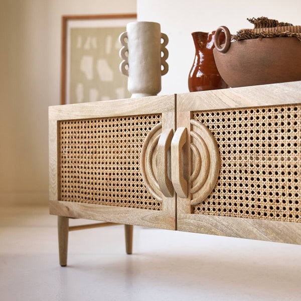 Ziggy Solid Mango Wood TV Unit 2 Cane Door In Natural Finish