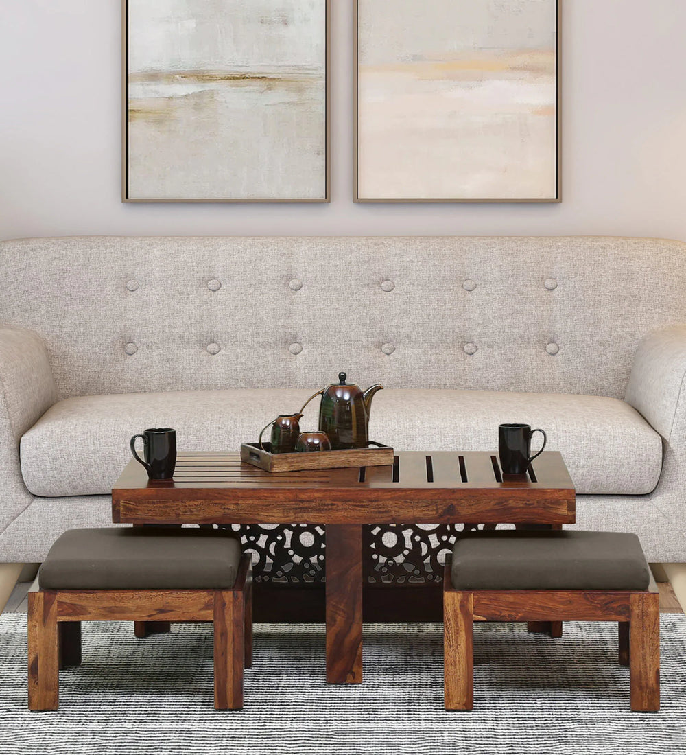 Lifty  Sheesham Wood Nesting Coffee Table Set in Provincial Teak Finish With Cushioned Stools