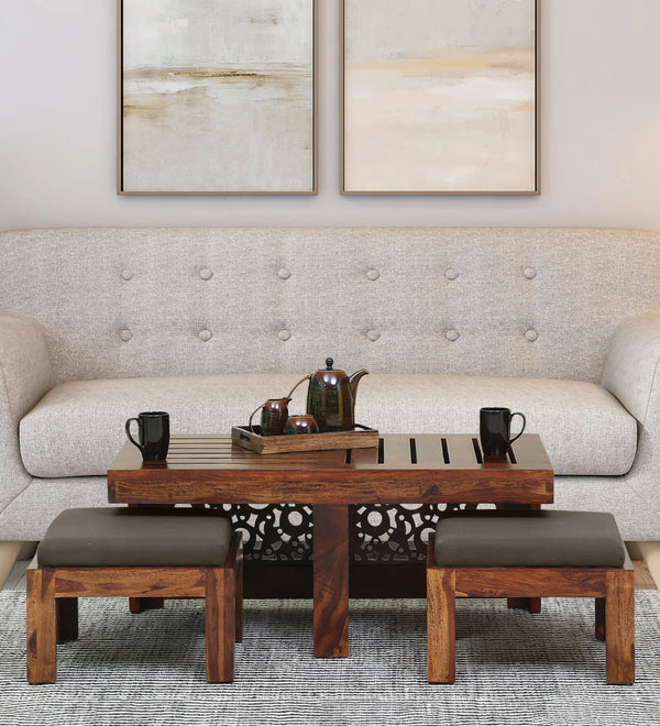 Lifty  Sheesham Wood Nesting Coffee Table Set in Provincial Teak Finish With Cushioned Stools