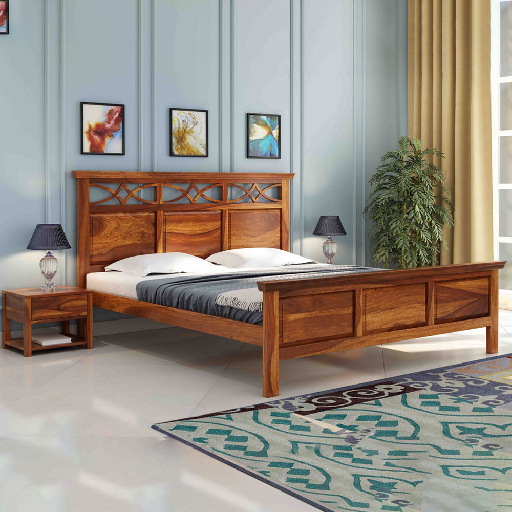Tulsi Sheesham Wood Queen Size Bed In Teak Finish Without Storage (60 x 78 inches)